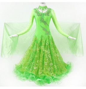 Green embroidery pattern expansion skirts long length women's competition handmade ballroom dancing waltz tango dance dresses